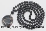 GMN4666 Hand-knotted 8mm, 10mm black banded agate 108 beads mala necklace with pendant