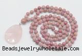 GMN4672 Hand-knotted 8mm, 10mm pink wooden jasper 108 beads mala necklace with pendant