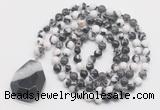 GMN4678 Hand-knotted 8mm, 10mm black & white jasper 108 beads mala necklace with pendant