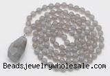 GMN4825 Hand-knotted 8mm, 10mm grey agate 108 beads mala necklace with pendant