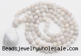 GMN4829 Hand-knotted 8mm, 10mm white crazy agate 108 beads mala necklace with pendant