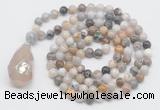 GMN4833 Hand-knotted 8mm, 10mm bamboo leaf agate 108 beads mala necklace with pendant