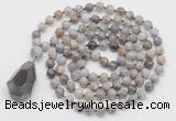 GMN4835 Hand-knotted 8mm, 10mm silver needle agate 108 beads mala necklace with pendant