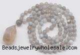 GMN4839 Hand-knotted 8mm, 10mm grey banded agate 108 beads mala necklace with pendant