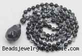 GMN4843 Hand-knotted 8mm, 10mm black banded agate 108 beads mala necklace with pendant