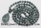 GMN4847 Hand-knotted 8mm, 10mm moss agate 108 beads mala necklace with pendant