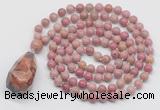 GMN4853 Hand-knotted 8mm, 10mm pink wooden jasper 108 beads mala necklace with pendant