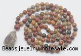 GMN4859 Hand-knotted 8mm, 10mm picasso jasper 108 beads mala necklace with pendant