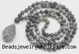 GMN4863 Hand-knotted 8mm, 10mm black water jasper 108 beads mala necklace with pendant