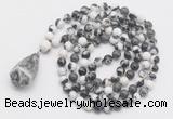 GMN4865 Hand-knotted 8mm, 10mm black & white jasper 108 beads mala necklace with pendant