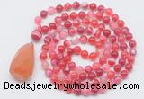 GMN4906 Hand-knotted 8mm, 10mm red banded agate 108 beads mala necklace with pendant