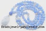 GMN4908 Hand-knotted 8mm, 10mm blue banded agate 108 beads mala necklace with pendant