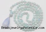 GMN4909 Hand-knotted 8mm, 10mm sea blue banded agate 108 beads mala necklace with pendant