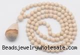 GMN4920 Hand-knotted 8mm, 10mm white fossil jasper 108 beads mala necklace with pendant