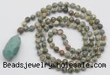 GMN4927 Hand-knotted 8mm, 10mm rhyolite 108 beads mala necklace with pendant