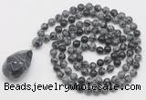 GMN4930 Hand-knotted 8mm, 10mm snowflake obsidian 108 beads mala necklace with pendant