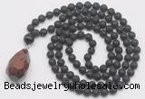 GMN4933 Hand-knotted 8mm, 10mm black lava 108 beads mala necklace with pendant