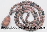 GMN4936 Hand-knotted 8mm, 10mm rhodonite 108 beads mala necklace with pendant