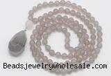 GMN5007 Hand-knotted 8mm, 10mm matte grey agate 108 beads mala necklace with pendant