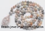 GMN5009 Hand-knotted 8mm, 10mm matte bamboo leaf agate 108 beads mala necklace with pendant