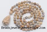 GMN5012 Hand-knotted 8mm, 10mm matte fossil coral 108 beads mala necklace with pendant