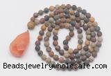 GMN5017 Hand-knotted 8mm, 10mm matte picasso jasper 108 beads mala necklace with pendant