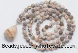 GMN5018 Hand-knotted 8mm, 10mm matte zebra jasper 108 beads mala necklace with pendant