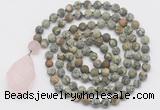 GMN5026 Hand-knotted 8mm, 10mm matte rhyolite 108 beads mala necklace with pendant