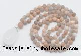 GMN5031 Hand-knotted 8mm, 10mm matte sunstone 108 beads mala necklace with pendant