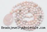 GMN5057 Hand-knotted 8mm, 10mm matte natural pink opal 108 beads mala necklace with pendant