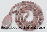 GMN5060 Hand-knotted 8mm, 10mm purple strawberry quartz 108 beads mala necklace with pendant