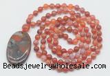 GMN5063 Hand-knotted 8mm, 10mm fire agate 108 beads mala necklace with pendant