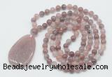 GMN5090 Hand-knotted 8mm, 10mm purple strawberry quartz 108 beads mala necklace with pendant