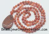 GMN5093 Hand-knotted 8mm, 10mm fire agate 108 beads mala necklace with pendant