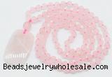 GMN5110 Hand-knotted 8mm, 10mm matte rose quartz 108 beads mala necklace with pendant