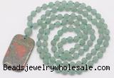 GMN5116 Hand-knotted 8mm, 10mm matte green aventurine 108 beads mala necklace with pendant