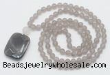 GMN5117 Hand-knotted 8mm, 10mm matte grey agate 108 beads mala necklace with pendant