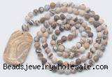 GMN5122 Hand-knotted 8mm, 10mm matte zebra jasper 108 beads mala necklace with pendant