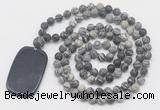 GMN5125 Hand-knotted 8mm, 10mm matte black water jasper 108 beads mala necklace with pendant