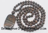 GMN5128 Hand-knotted 8mm, 10mm matte bronzite 108 beads mala necklace with pendant