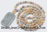 GMN5136 Hand-knotted 8mm, 10mm matte yellow crazy agate 108 beads mala necklace with pendant