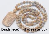 GMN5137 Hand-knotted 8mm, 10mm matte fossil coral 108 beads mala necklace with pendant