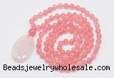 GMN5145 Hand-knotted 8mm, 10mm cherry quartz 108 beads mala necklace with pendant