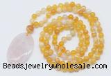 GMN5150 Hand-knotted 8mm, 10mm yellow banded agate 108 beads mala necklace with pendant