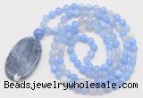 GMN5153 Hand-knotted 8mm, 10mm blue banded agate 108 beads mala necklace with pendant