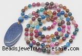 GMN5156 Hand-knotted 8mm, 10mm colorful banded agate 108 beads mala necklace with pendant