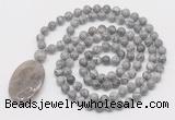 GMN5166 Hand-knotted 8mm, 10mm grey picture jasper 108 beads mala necklace with pendant