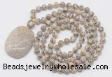 GMN5169 Hand-knotted 8mm, 10mm feldspar 108 beads mala necklace with pendant