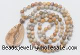 GMN5208 Hand-knotted 8mm, 10mm yellow crazy agate 108 beads mala necklace with pendant