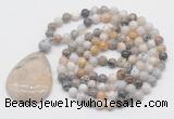 GMN5209 Hand-knotted 8mm, 10mm bamboo leaf agate 108 beads mala necklace with pendant